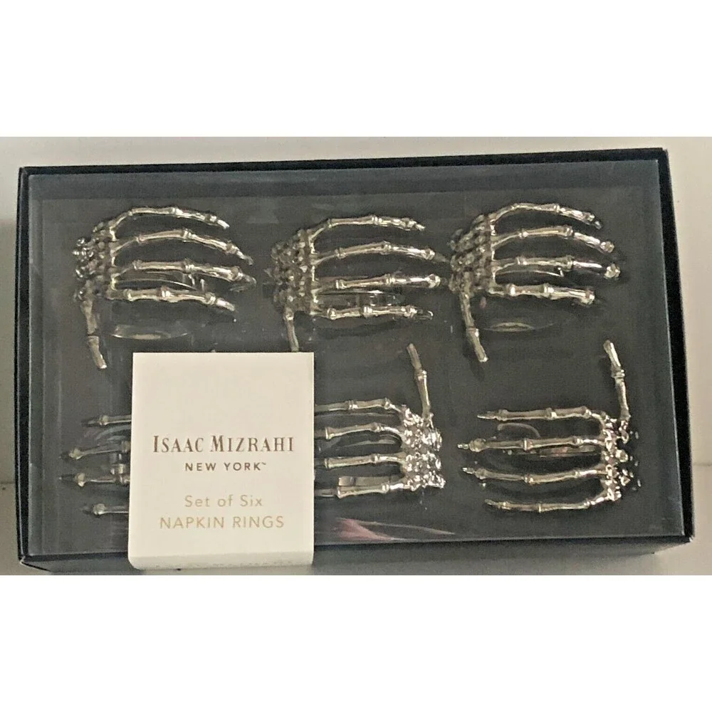 Halloween Set of 6 Skeleton Hand Hands Silver Napkin Rings Metal Isaac Mizrahi